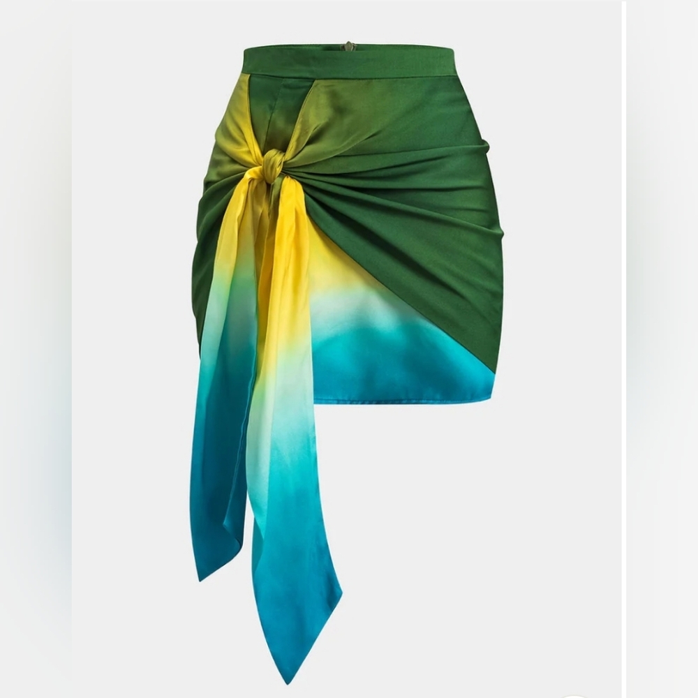 Micas Ombre Print Satin Ruched Tie Front Zipper Skirt